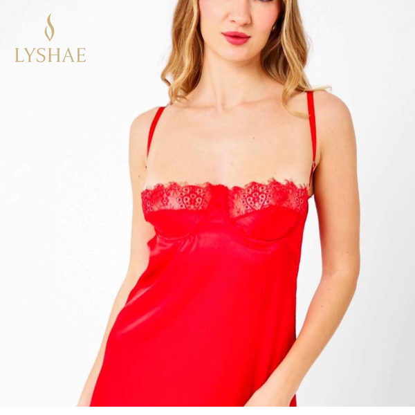 Lyshae Love Night Kirmizi Saten Gecelik, Dantel Detayli Kirmizi Lingerie, Premium Saten Kirmizi Gecelik, Lyshae Kirmizi Nightwear, Kirmizi Dantel Saten Gecelik, Lyshae Love Night Collection