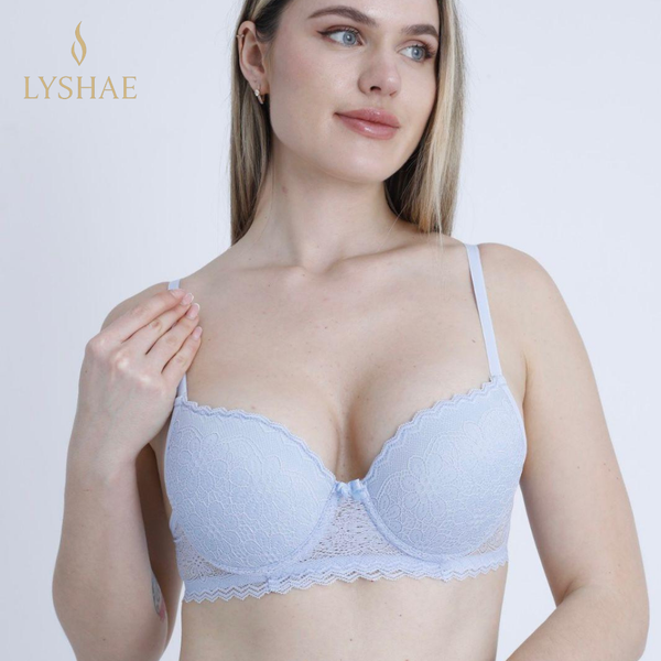 Lyshae Bebek Mavisi Dantelli Destekli Sütyen, kadın iç giyim, zarif çiçek dantel sütyen, push up destekli sütyen, seksi mavi lingerie, Lyshae kadın dantel sütyen koleksiyonu, konforlu ve şık tasarım