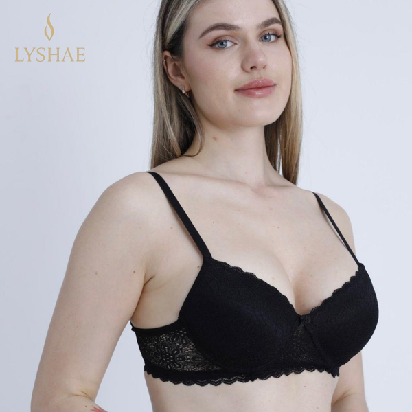 Lyshae siyah dantelli destekli sütyen, şık iç giyim modeli, çiçek desenli zarif dantel detaylı sütyen, Lyshae kadın premium iç çamaşırı koleksiyonu, rahat ve şık tasarım, özel günler için seksi siyah sütyen